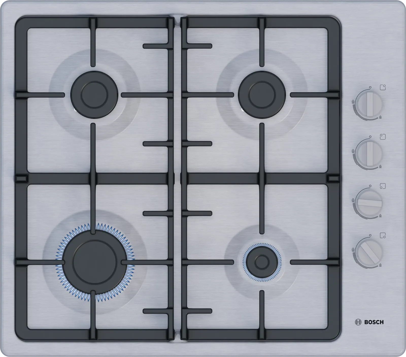 Table de cuisson gaz 60 cm inox 4 feux, grilles fonte